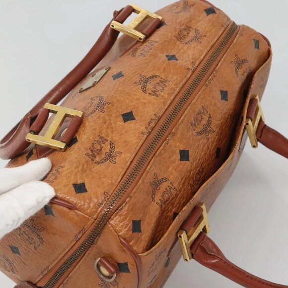 MCM Logogram Vicetos Boston Bag PVC Leather Brown Gold Auth am8629 - Picture 7 of 16